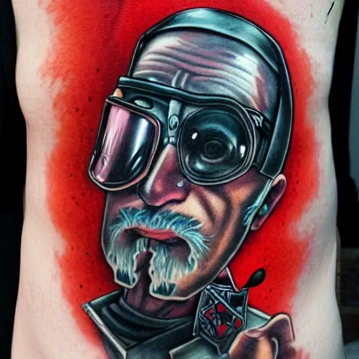 Image similar to old man with cyberarm and eyepatch, face tattoos, punk, grunge, rough, paint, scratchy, science fiction, cyberpunk, retrofuture, illustration