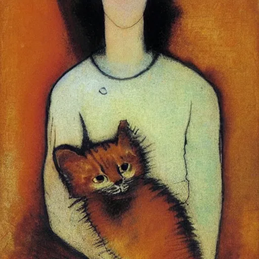 Image similar to a woman with short brown hair and her orange kitten by odilon redon