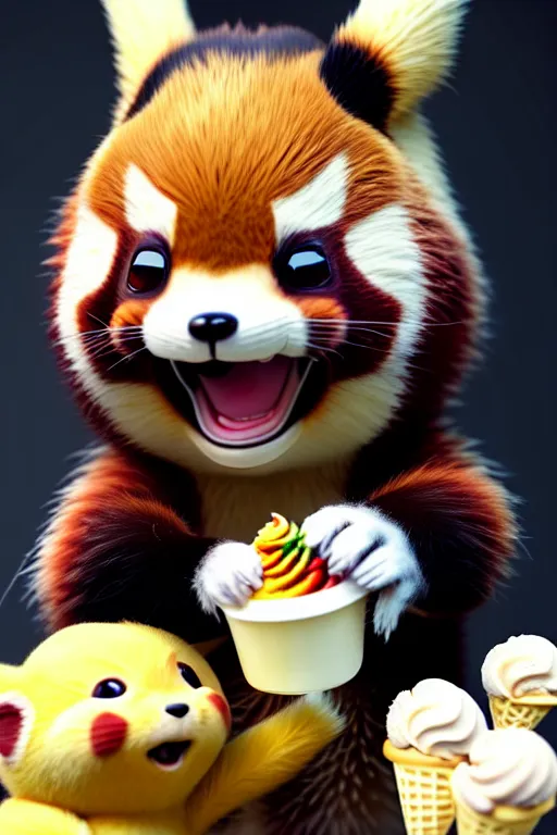 Image similar to high quality 3 d render hyperrealist very cute lowbrow happy red panda & hedgehog hybrid eating ice cream, vray smooth, detective pikachu, very dramatic light, low angle, uhd 8 k, shallow depth or field