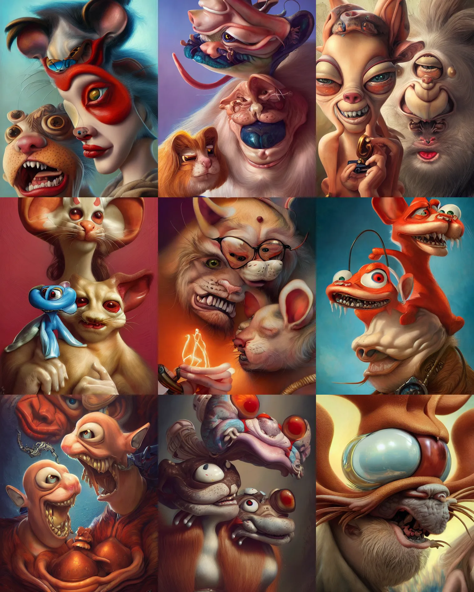 Prompt: portrait of ren and stimpy by karol bak, james jean, tom bagshaw, rococo, sharp focus, trending on artstation, cinematic lighting, hyper realism, octane render, 8 k, hyper detailed.