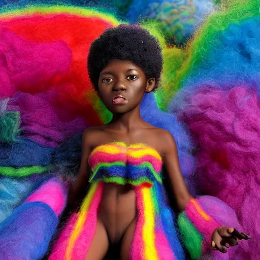 Prompt: a black girl with big cute! eyes and a colorful afro dancing in a filed of candy at sunset, bright colors, watercolor, volumetric wool felting, felt, macro photography, children illustration, global illumination, radiant light, detailed and intricate environment, by goro fujita, psychedelic surreal portrait, bokeh!!!!