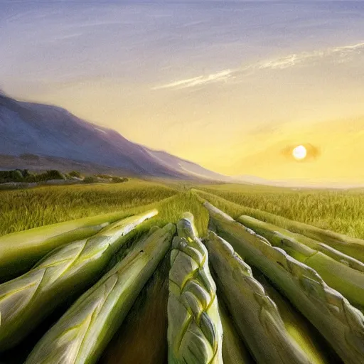 Image similar to concept art of dramatic landscape with giant asparagus at dusk