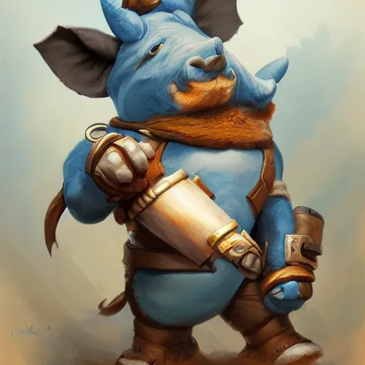 Prompt: An adorable anthropomorphic blue rhino wearing adventurer's clothing, highly detailed, digital painting, artstation, concept art, smooth, sharp focus, studio light, by Justin Gerard and peter mohrbacher,