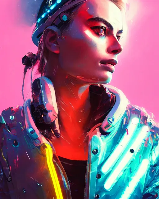 Prompt: neon operator margot robbie, cyberpunk futuristic neon, reflective puffy jacket, decorated with traditional japanese ornaments by ismail inceoglu dragan bibin hans thoma greg rutkowski alexandros pyromallis nekro rene maritte illustrated, perfect face, fine details, realistic shaded, fine - face, pretty face