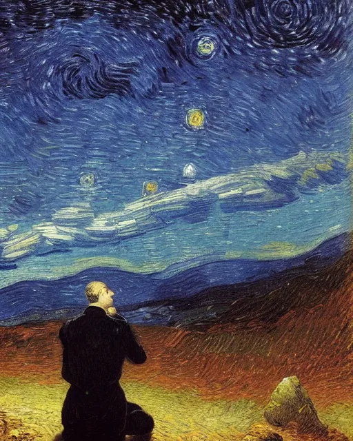 Prompt: a person looking at the night sky with stars, colorful, beautiful, national geographic, very detailed, astrophotography, oil painting, canvas, Vincent van Gogh, Caspar David Friedrich, Theodor Kittelsen, Sydney Mortimer Laurence, Albert Bierstadt