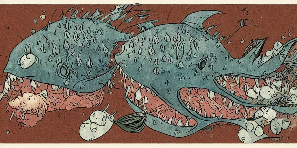 Prompt: illustration of an angler fish, in the stle of yoshi yoshitani, deep sea, large mouth filled with pointed teeth, stylized linework, ornamentation, artistic, muted color wash