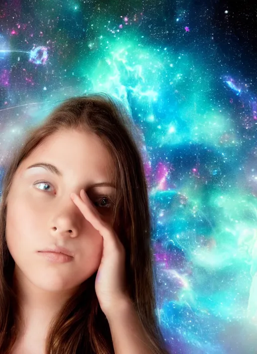 Prompt: Portrait shot of a beautiful girl with a nebula representing neurology beautifully emulating from her head