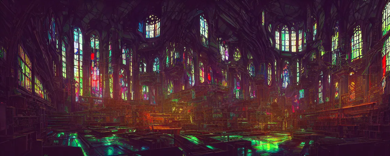 Image similar to A cyberpunk church, by Naomi Okubo, landscape, dramatic lighting, high contrast colors, panoramic view, as trending on Artstation, highly detailed,