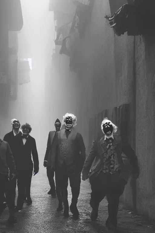 Image similar to a group of men dressed as clowns walking down a dark foggy alley