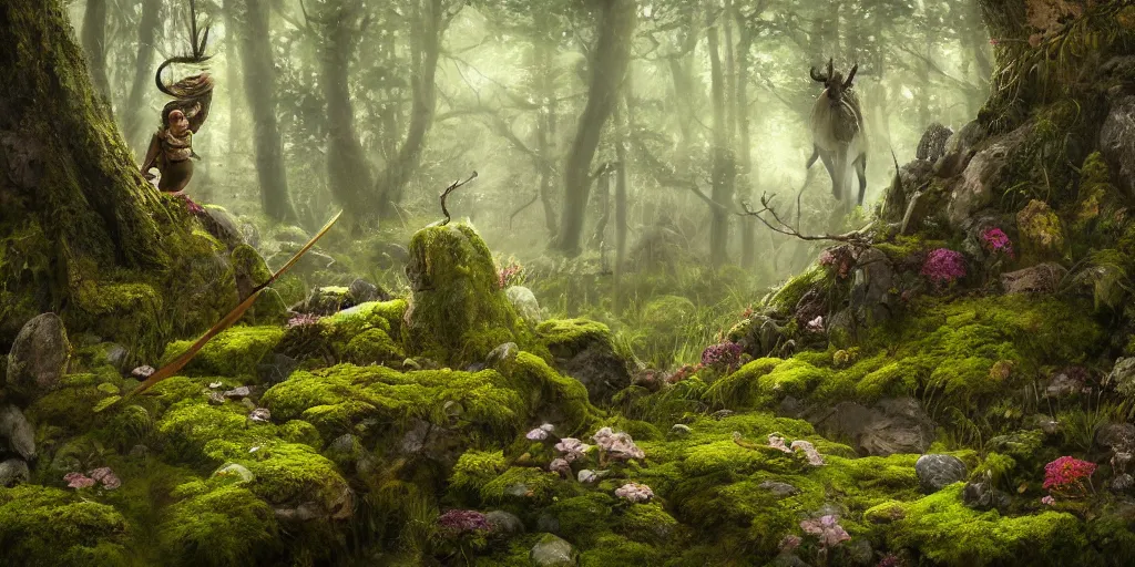 Image similar to Viking mount with bauta stones, densley overgrown with moss, plants, flowers, ferns, some fireflies flying in the air, atmospheric, amazing and immaculate scale, trending on Artstation, digital art