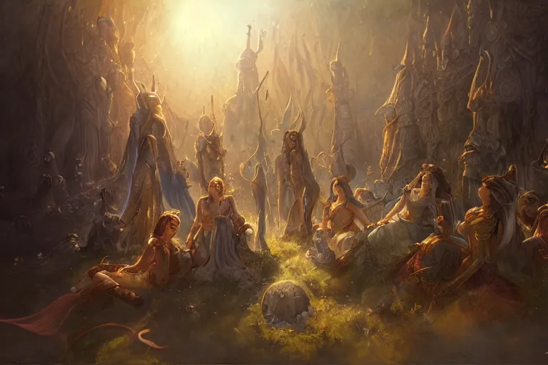 Prompt: the muses. sacred singers they who took up the strings of the deep, and turned the cacophony of an angry world into songs of unity and peace. afternoon lighting, cinematic fantasy painting, dungeons and dragons, jessica rossier and brian froud