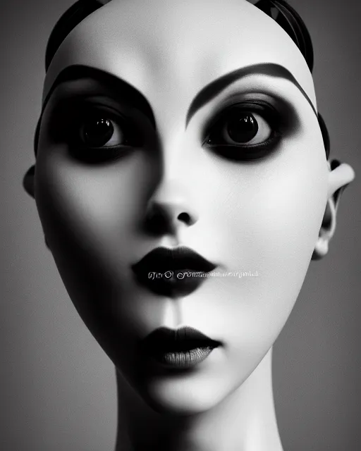 Image similar to surreal mythical dreamy dark artistic black and white fine art 3 / 4 fashion portrait photo of a young beautiful delicate female robot - owl with orchid - doll face, rim light, cinematic, studio dramatic light, poetic, masterpiece, octane render, 8 k, photo - realistic by gustave dore hg giger and man ray