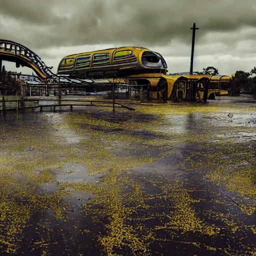 Image similar to post - apocalyptic magic kingdom, wasteland, submerged, monorail, abandoned, wet, swamp, swamp gas, nuclear fallout, yellow mist, yellow sky, dark clouds, walt disney world, highly detailed, intricate, 8 k