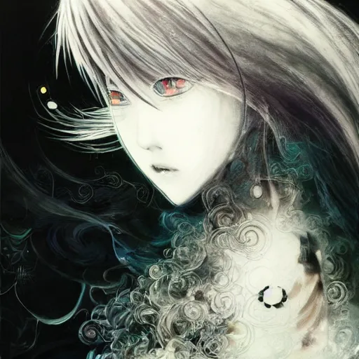 Image similar to yoshitaka amano blurred and dreamy illustration of an anime girl with black eyes, wavy white hair fluttering in the wind wearing elden ring armor with engraving, abstract black and white patterns on the background, noisy film grain effect, highly detailed, renaissance oil painting, weird portrait angle, blurred lost edges, three quarter view, hyper light drifter color palette