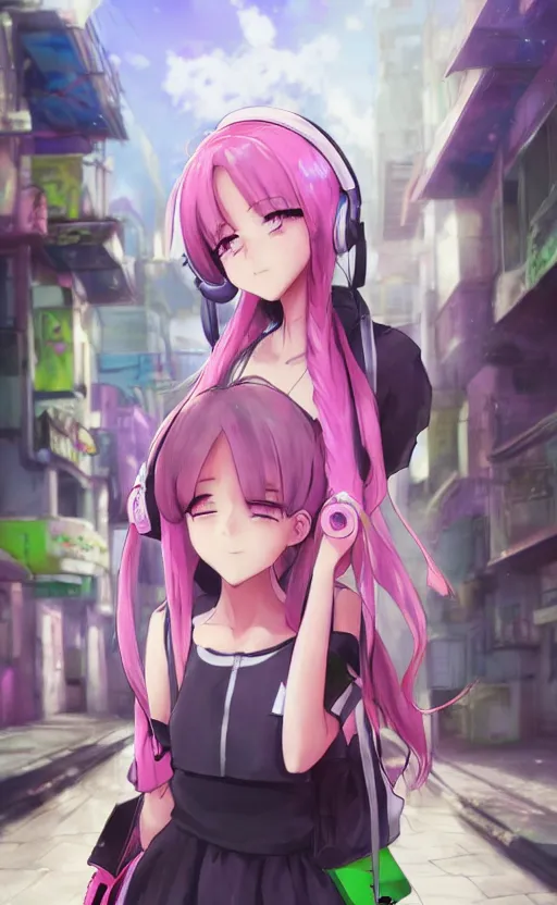 Image similar to anime girl with pink ponytail, wearing purple headphones, wearing a green sweater, with a smile on her face and her eyes closed, walking down a street, dynamic lighting, photorealistic fantasy concept art, trending on art station, very detailed, anime concept art, stunning visuals, creative, cinematic, ultra detailed