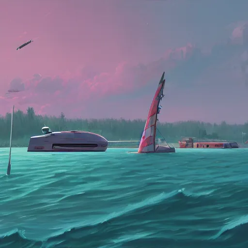 Image similar to yachting club by simon stalenhag