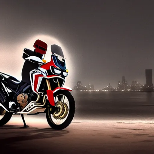 Prompt: honda africa twin at night view of new york in heavy mist, highly detailed, cinematic, hyperrealistic, artstation, concept art