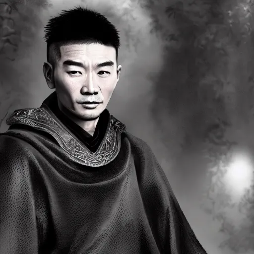 Image similar to portrait painting of a 2 5 - year - old chinese man, taoist priest, dressed in black and white taoist robe, like andy lau, immortal bone, affable ， wenjun lin, unreal engine 5 highly rendered, global illumination, radiant light, detailed and intricate environment