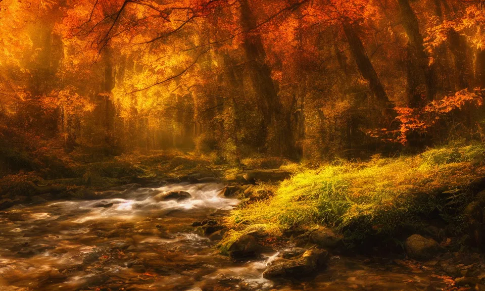 Image similar to river in a forest during the golden hour in autumn, digital art, concept art, fantasy art, highly detailed, hd wallpaper, hdr, artstation, deviantart, behance