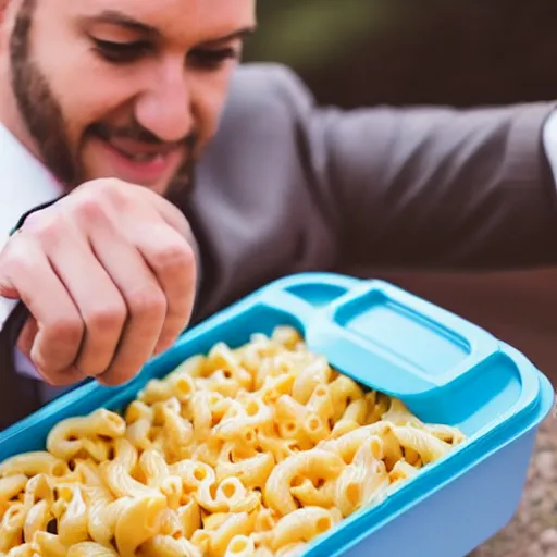Prompt: a man brings a tupperware of macaroni to a wedding