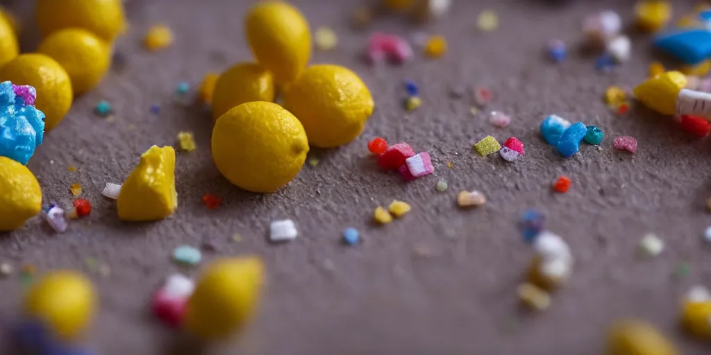 Image similar to a cinematic film still of a claymation stop motion film about a town made of lemons and candy, shallow depth of field, 8 0 mm, f 1. 8