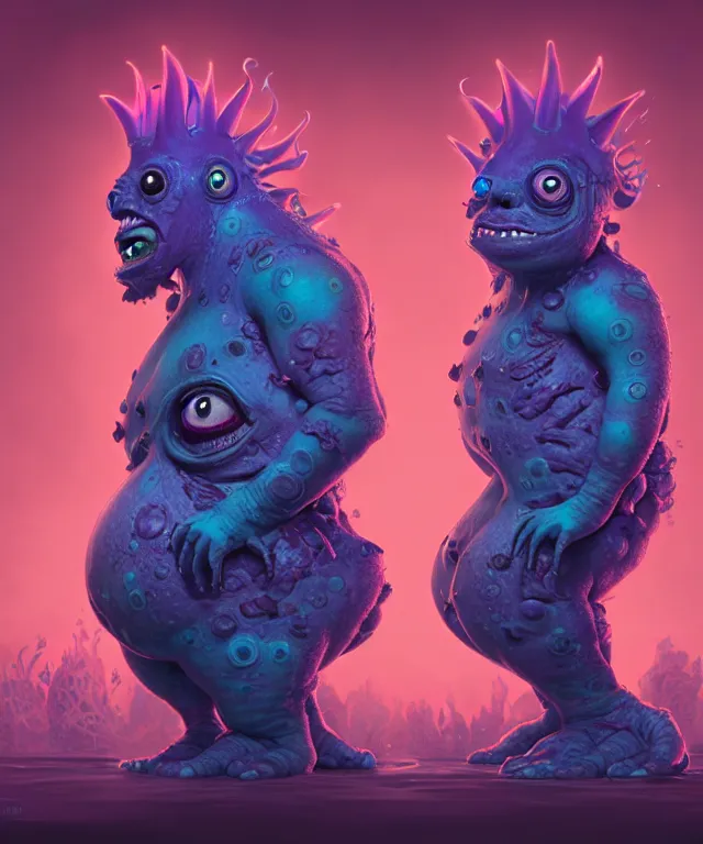 Prompt: a two headed xanathar made of bioluminescence in the art style of monsters inc, crisp 8 k line art, digital painting, artstation, unreal engine, octane render, emissive lighting, concept art, matte, sharp focus, hyper realistic lighting, illustration, deep royal blue and pink color scheme, art by junji ito