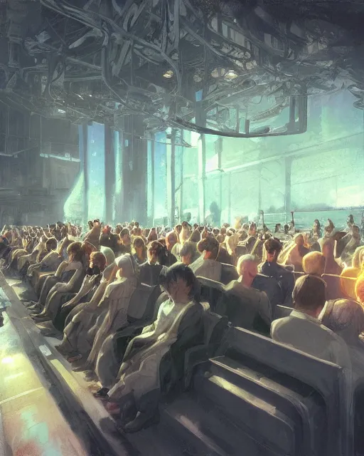 Image similar to craig mullins and ghibli digital illustration of a crowd in a futuristic church, priest, pews, ethereal, inviting, bright, photorealistic, wide shot