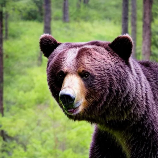 Image similar to a bear as a field news reporter in the forest, photograph