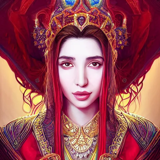 Prompt: head-on symmetrical centered painted portrait, Mahira Khan as a D&D wizard, red bejeweled robes, fantasy, intricate, elegant, highly detailed, digital painting, smooth, sharp focus, illustration, artstation, in the style of Artgerm and Anna Podedworna and Alex Ross