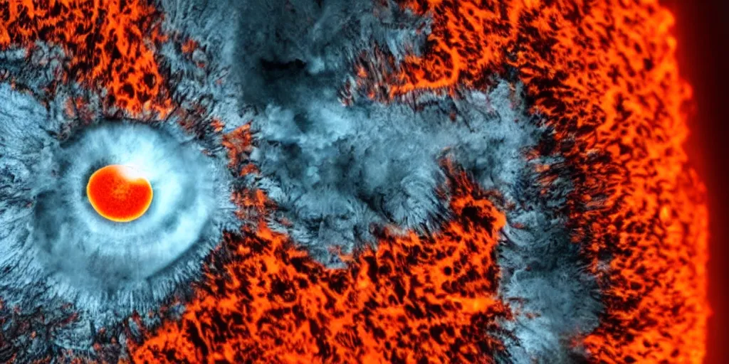 Image similar to volcano erupts inside a human eye, closeup, high detail