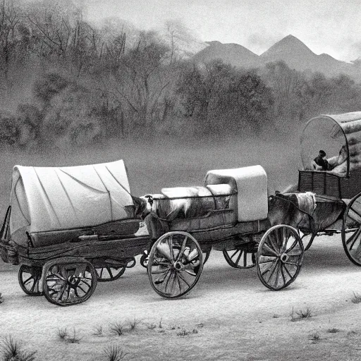 Image similar to a monochromatic sepia photograph of a delorean traveling with covered wagons and cattle on the oregon trail, trending on art station,