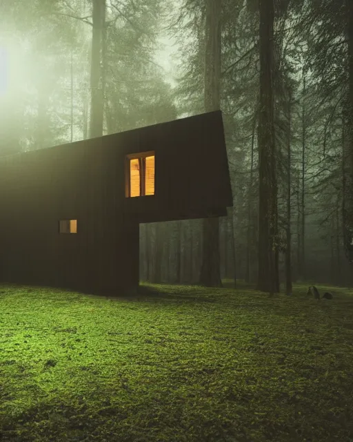 Prompt: an exquisite wooden house in the middle of a lush forest at night, minimalist design, architectural photography, dark and dim lighting, beautiful, tranquil, moody, cinematic, fantasy, 3 5 mm lens, volumetric lighting, first person view, photographic render, hyper realistic