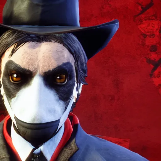 Image similar to anthropomorphic black fox, dressed as a rich man, in game screenshot of red dead redemption 2