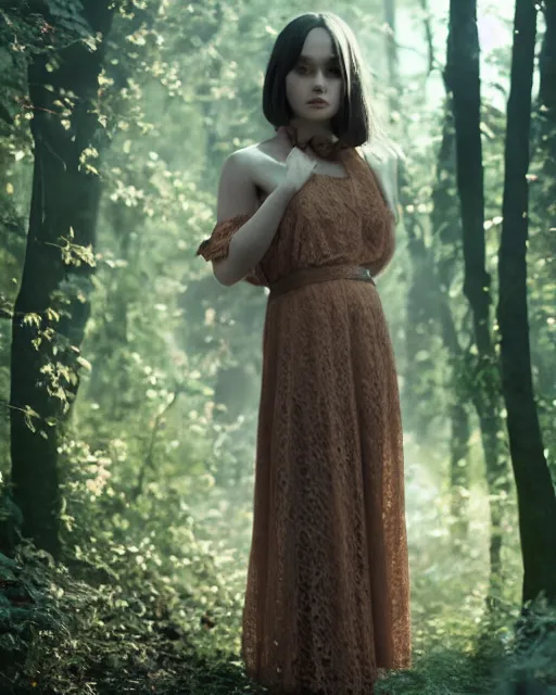 Image similar to photo of eevee pokemon humanisation, in lace brown dress, film still, dslr, by greg rutkowski, wlop, glossy skin, pearlescent, very coherent