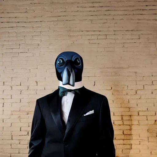 Prompt: photo of a man in a suit wearing a latex mask of a emperor penguin, at a nightclub, back photo