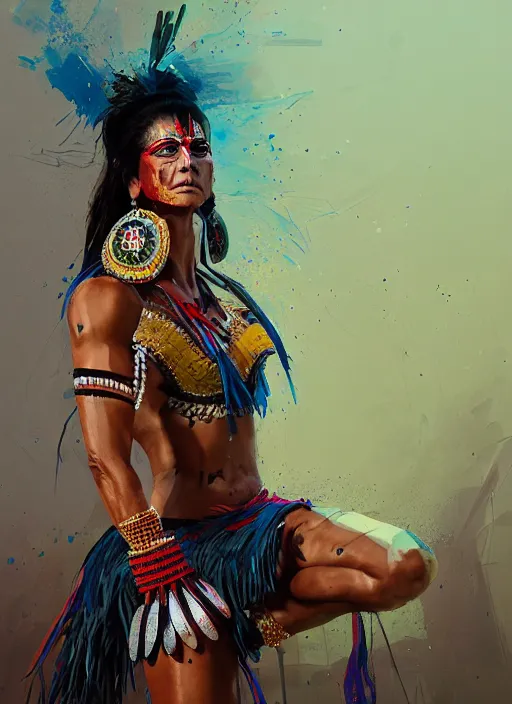 Image similar to portrait of cindy landolt as aztec dancer, by ismail inceoglu