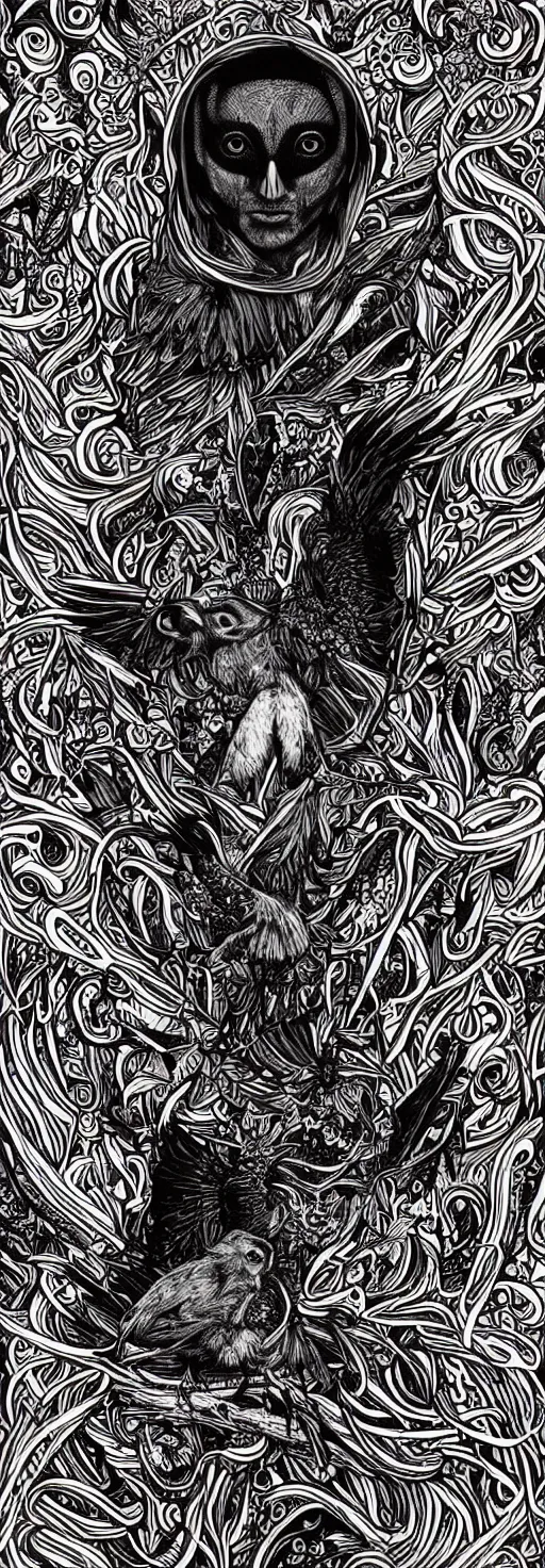 Image similar to psychedelic, monochrome artwork!!, raven, deer, owl, window to the ocean, typography, hr giger, didier comes, james jean, andreas rocha,