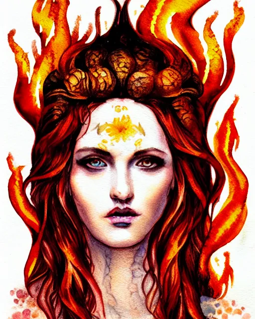 Image similar to Lilith the firehawk portrait, greek baroque style botany watercolor flames, decorative fire bloom tattoos, radiant light, artstation