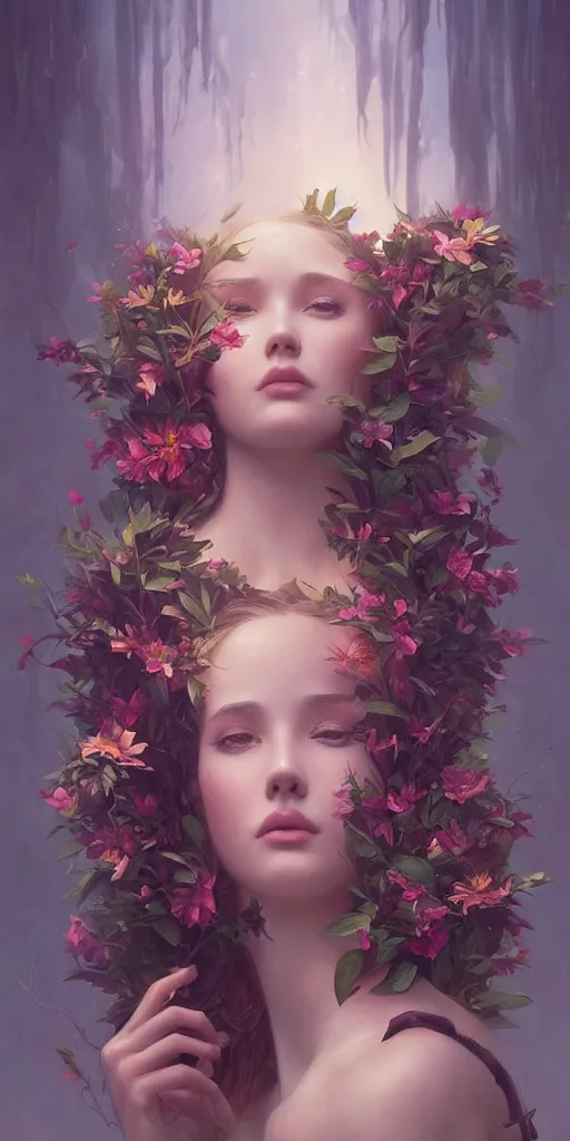 Image similar to surreal beautiful young woman, sitting with flowers, detailed gorgeous face turning into a tree, leaves, dark, ominous, sad eyes, vaporwave aesthetic, synthwave , digital painting, artstation, concept art, smooth, sharp focus, illustration, art by artgerm and greg rutkowski and alphonse mucha