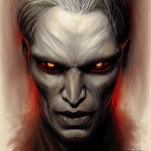 Image similar to concept drawing, demon possessed character, male. hair cut in half, left black, right white. demon noticeable by extra eyes, dark aura, cold look. made by karol bak