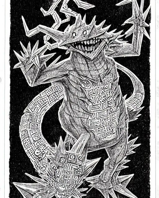 Image similar to the pokemon missingno as a d & d monster, pen - and - ink illustration, etching, by russ nicholson, david a trampier, larry elmore, 1 9 8 1, hq scan, intricate details, high contrast