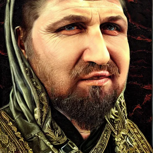 Image similar to portrait of ramzan kadyrov, photo - realistic, color image, 2 k, highly detailed, by h. r. giger