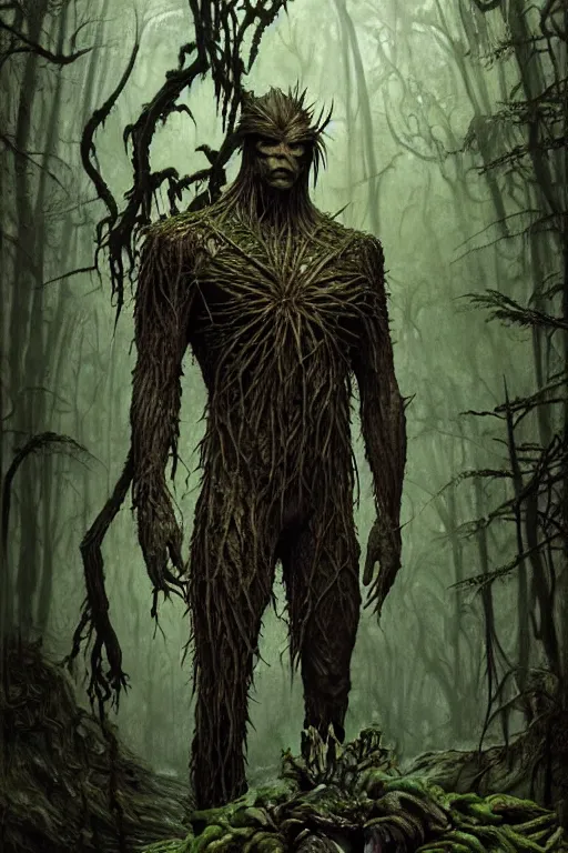 Image similar to realistic photo of the swamp thing, through the creepy forest, on the way lies a rotting corpse among the rocks. and he takes it in his hands. deep focus, intricate, elegant, highly detailed, digital painting, station art, concept art, matte, sharp focus, illustration, art by artgerm and greg rutkowski and alphonse mucha