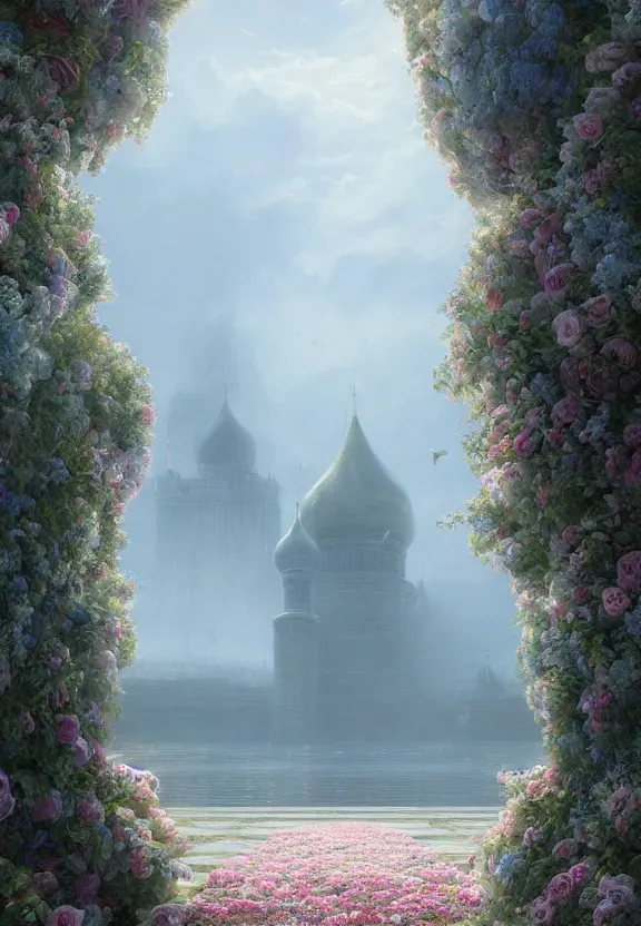 Prompt: vanishing point, palace like the kremlin in distance on a lake is covered with aqua blue roses, viewed from afar, stephen bliss, misty, unreal engine, fantasy art by greg rutkowski, loish, ferdinand knab, and lois van rossdraws,, global illumination, radiant light, minimalist, detailed and intricate environment