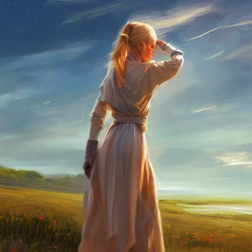 Image similar to blonde female jedi, Swedish countryside, landscape view, archipelago, freedom, dawn, sunrise, beautiful, by Vladimir Volegov, wlop, artstation