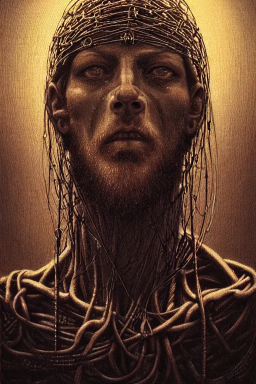 Image similar to a portrait of a cybernetic jesus nailed to a cross, wires, horror art by beksinski and giger and seb mckinnon and josan gonzalez, digital art, highly detailed, intricate, sharp focus, trending on artstation hq, deviantart, pinterest, unreal engine 5, 4 k uhd image