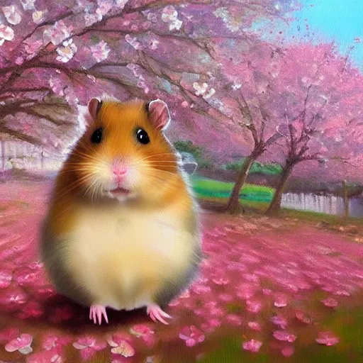 Image similar to beautiful oil painting of a hamster sitting in a colorful wide field full of cherry blossoms, artstation, high details