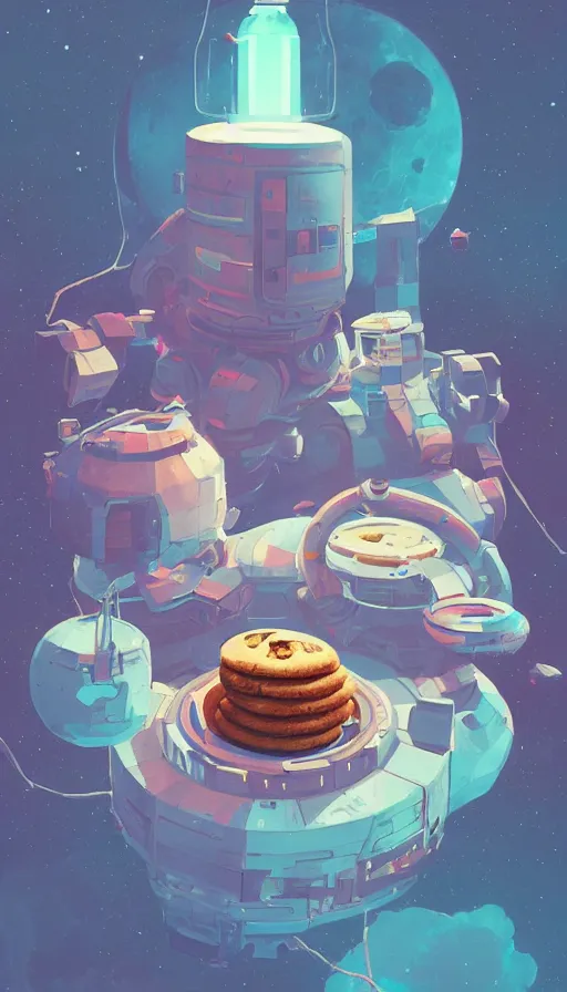 Image similar to cookies in space, sharp focus, james gilleard, moebius, print, cinematic, game art