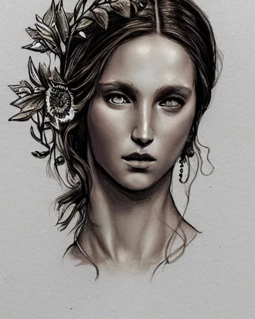 Image similar to realism tattoo sketch of a beautiful greek goddess aphrodite wearing a laurel wreath and arrowhead earrings, beautiful confident eyes, beautiful flowing hair, glowing god eyes, hyper realistic face, in the style of greg rutkowski, fantasy, amazing detail, epic, elegant, smooth, sharp focus, from the front