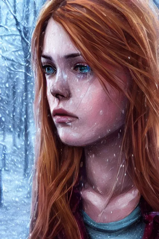 Prompt: tv scene of rachel amber from life is strange standing in a graveyard in the rain, blonde hair, red checker shirt, tired emotion, tearful eyes, highly detailed, sharp focused, ultra realistic digital concept art by Alyssa Monks, Charlie Bowater